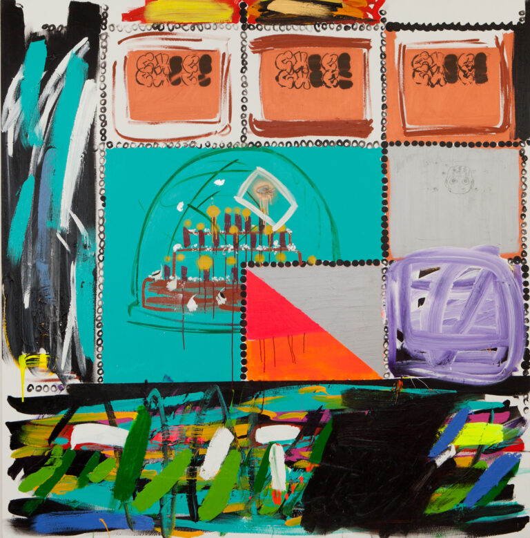 Ondřej KOPAL, Choco, 2010, sprej, tuš, papír, alobal, akryl na plátně, 195 x 190 cm