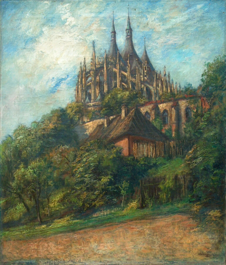 JOSEF JAN ŠEDIVÝ: Chrám sv. P.Barbory v Kutné Hoře. Pohled z řečiště Vrchlice, 1945, olej, plátno, 69,8 x 59,7 cm